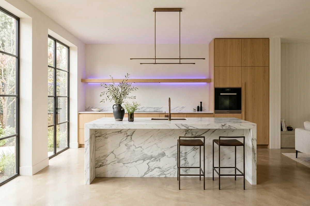 Cuisine ouverte au palette sombre, rendu de rénovation