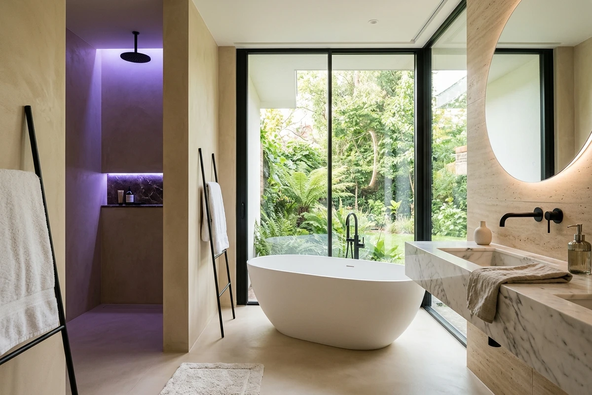 Salle de bain en marbre avec robinetterie noire